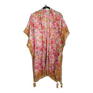 Colorful Kimono Top Swimsuit Coverup Fringe Yellow, Pink and White